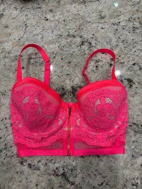 Victoria's Secret Hot Pink Lace Longline Bustier with Front Zip